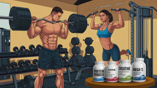 a man and women lifting weights with muscle building supplements like raw creatine monohydrate
