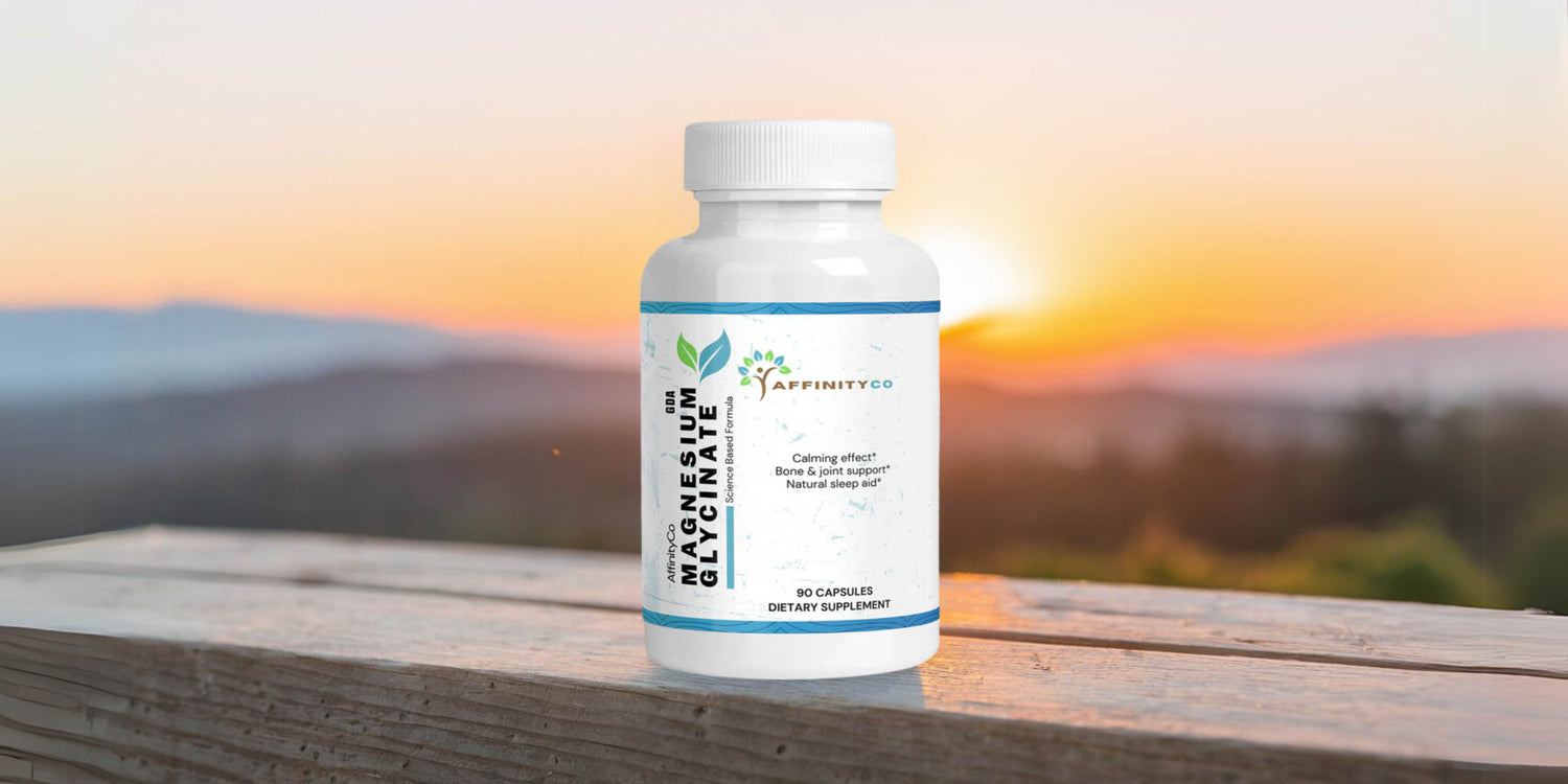 bottle of magnesium glycinate with sunset background