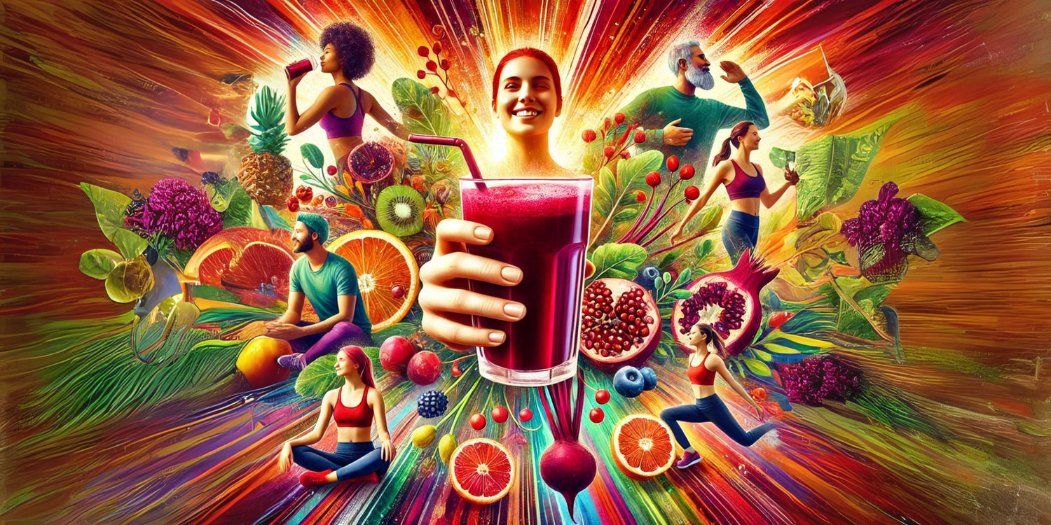 Glass of reds superfood powder being held by a person with other people exercising behind