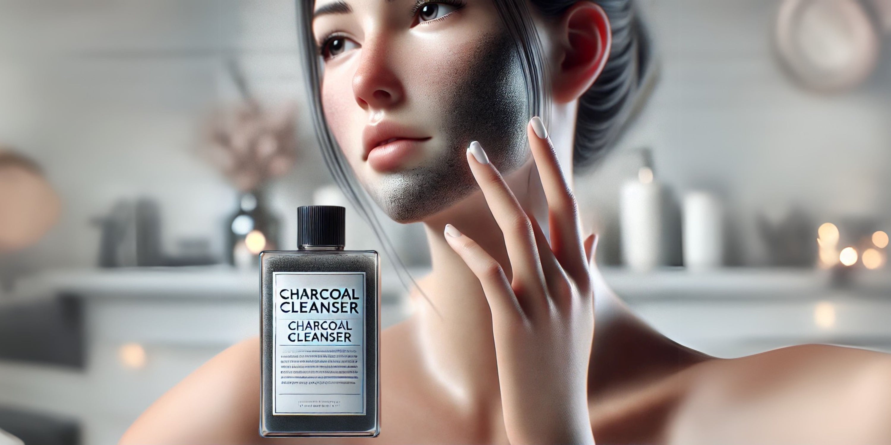 a woman putting charcoal facial cleanser on her face