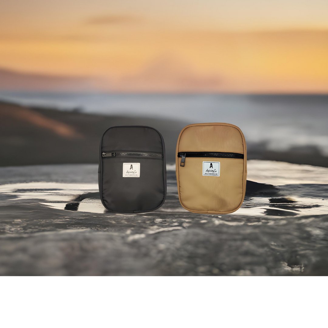 black and tan crossbody bags with ocean background