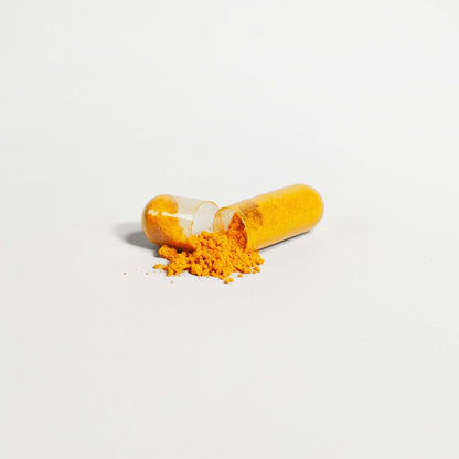 Ginger Turmeric Supplement with one open capsule