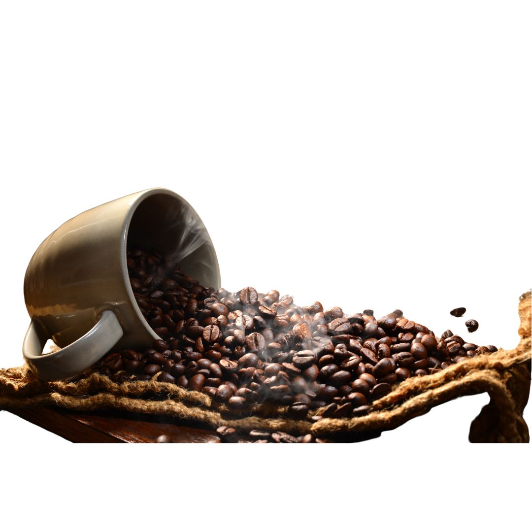 coffe cup on its side with coffee beans spilling out