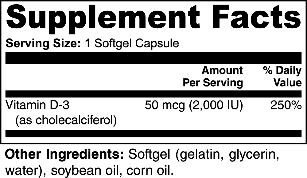 Vitamin D3 2000 IU Softgels label