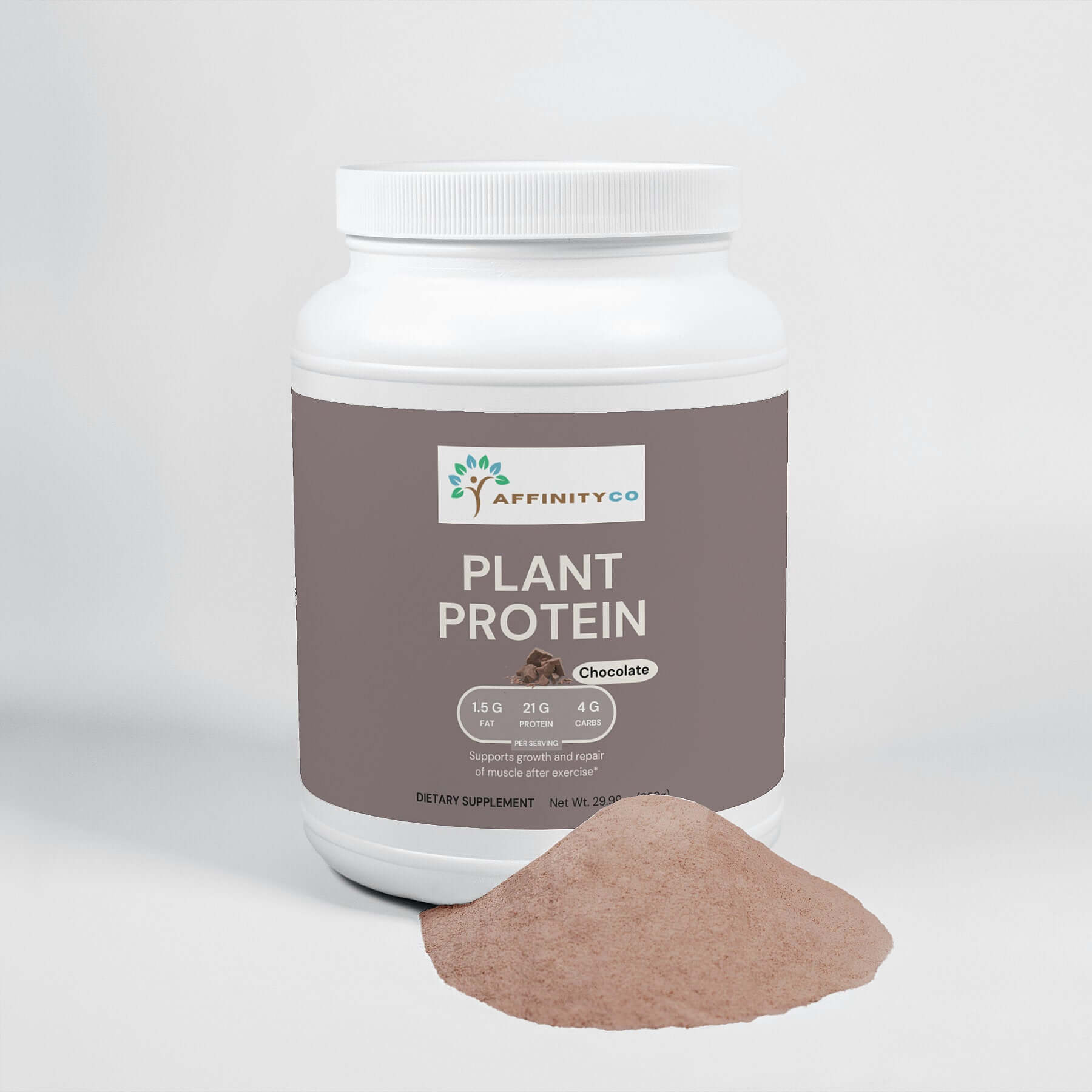 Chocolate Plant-Based Protein Powder jar with pile of powder in front