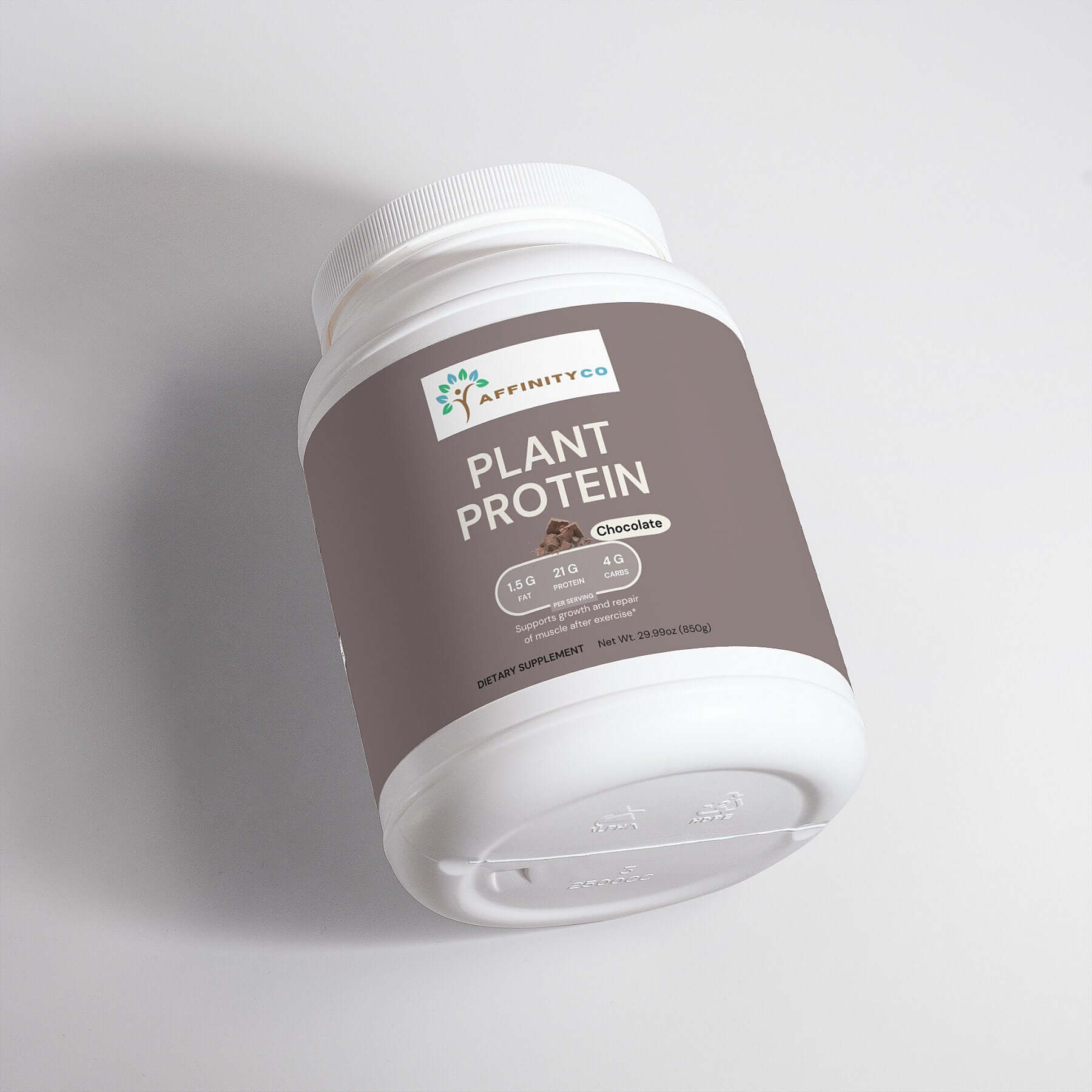 Chocolate Plant-Based Protein Powder jar on its side