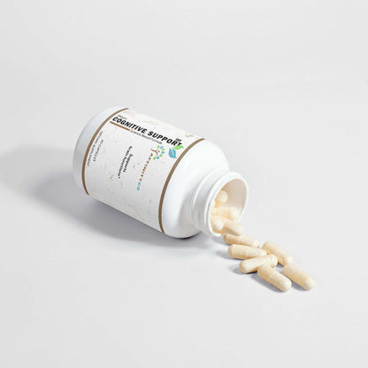 Cognitive Support Supplements open bottle on its side