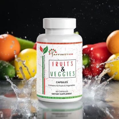 Fruit and Veggie supplement with fruit background