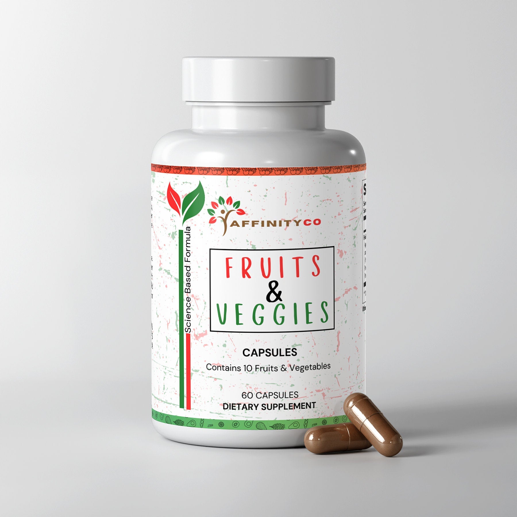 Fruit and Veggie supplement front with 2 capsules