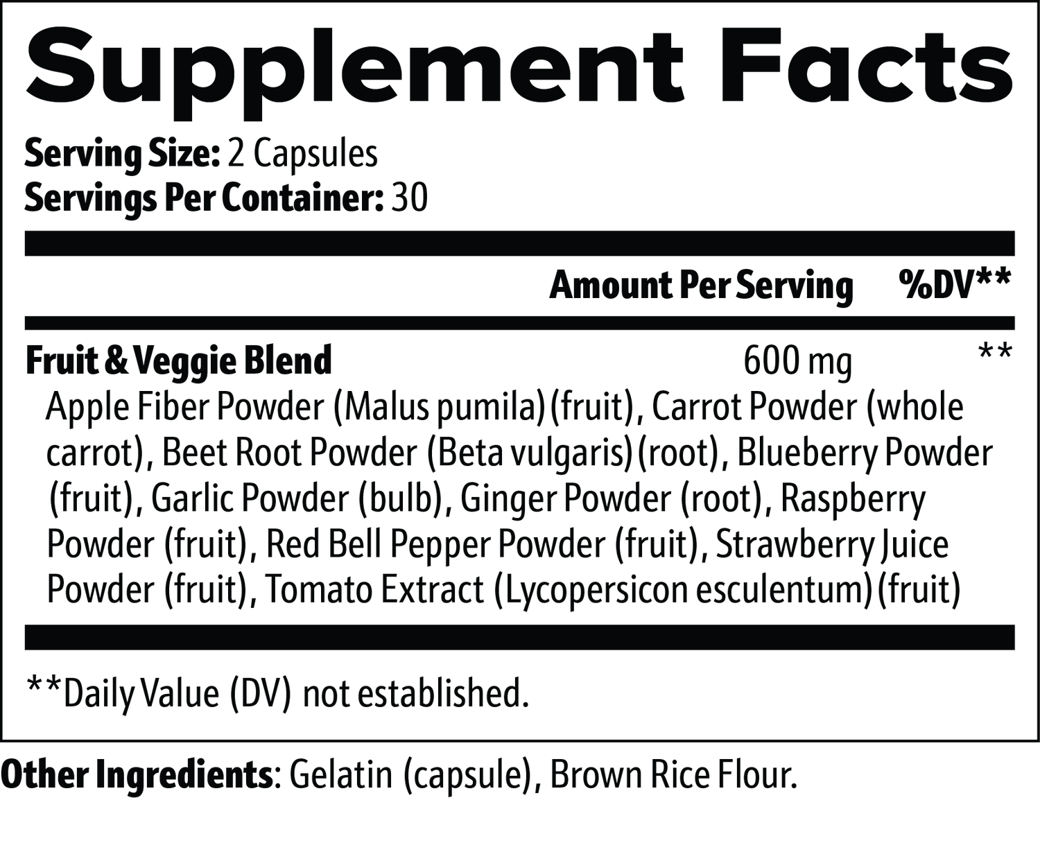 Fruit and Veggie supplement label