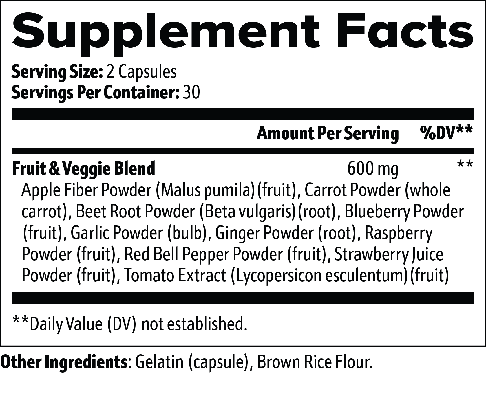 Fruit and Veggie supplement label