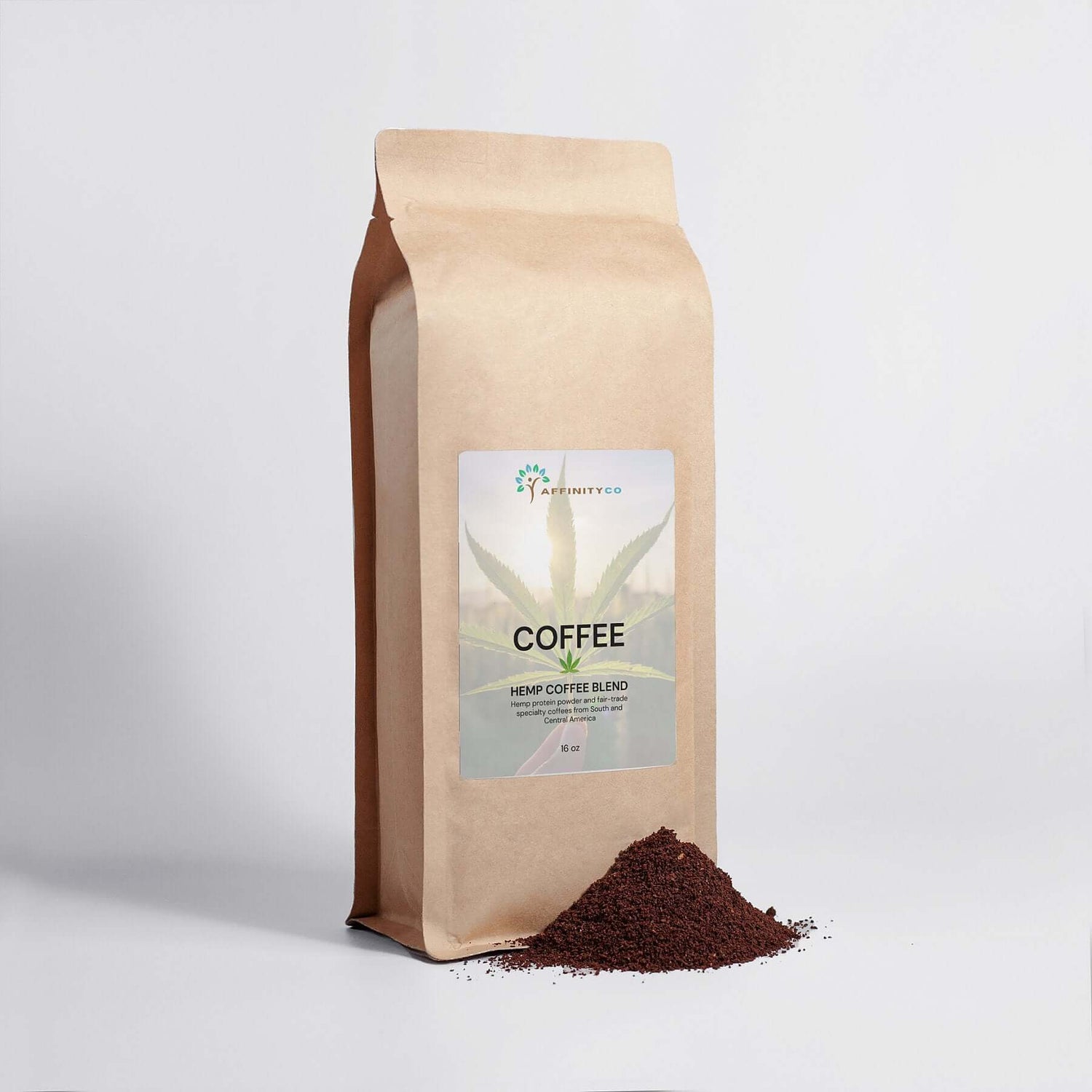 Hemp Coffee - 16oz bag front with grounds