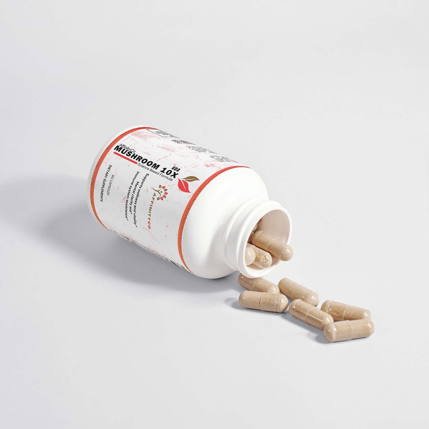 Mushroom Complex Supplement open bottle on its side