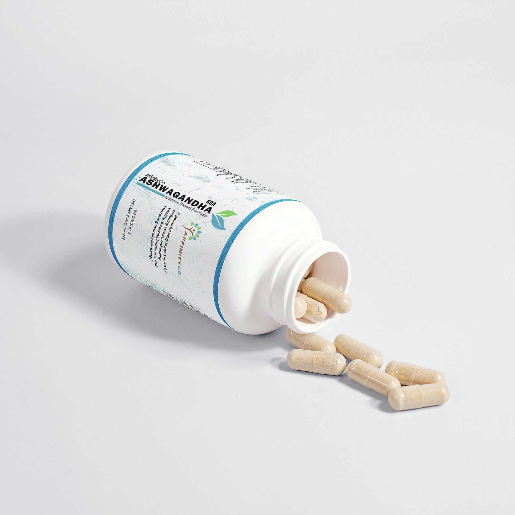 Organic Ashwagandha bottle on side with capsule coming out of top