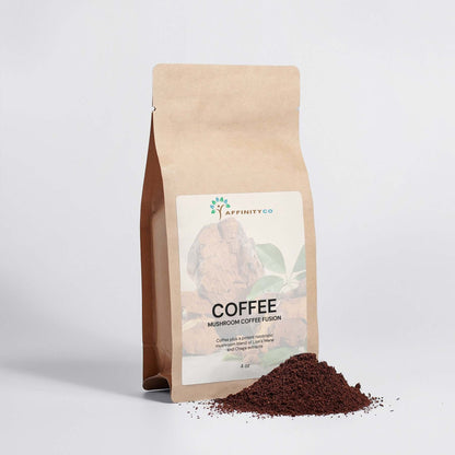 Organic Mushroom Coffee bag with grounds in front