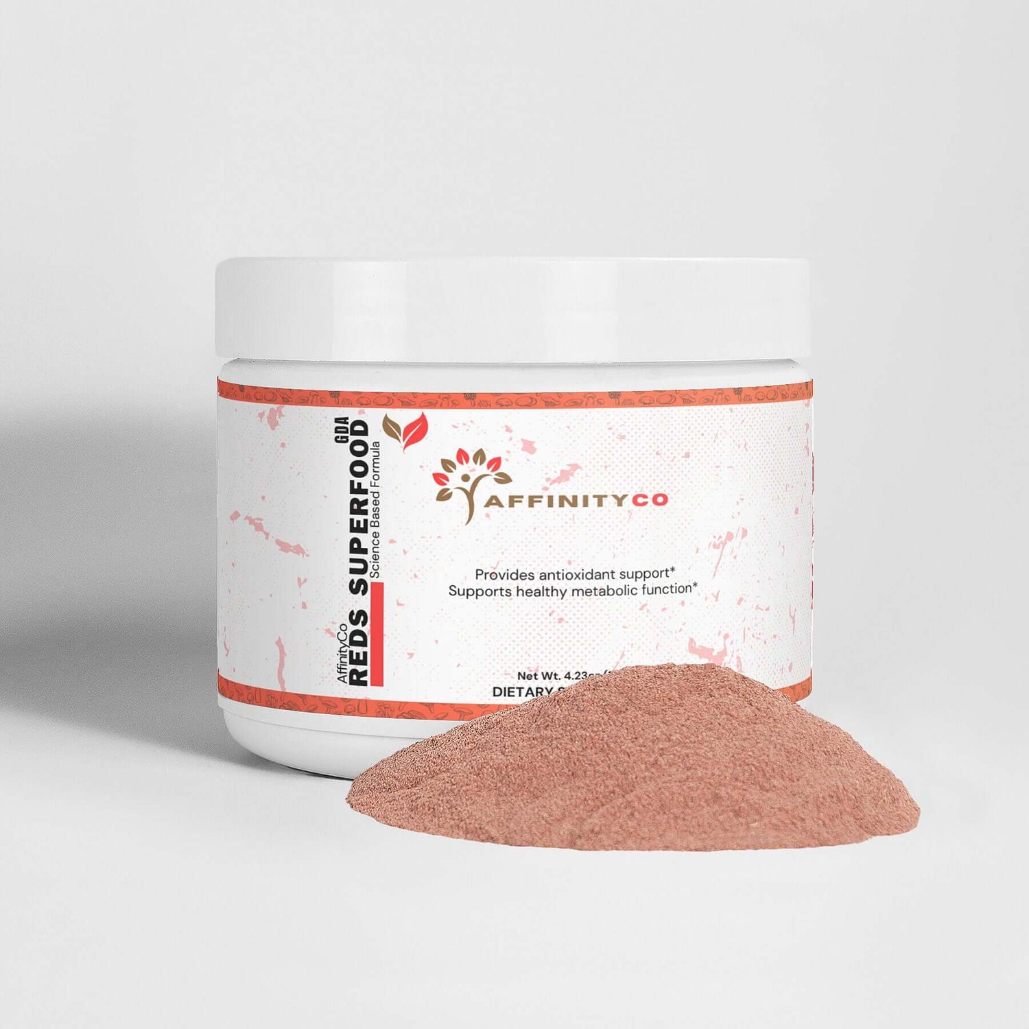 Reds Superfood Powder jar with pile of powder in front