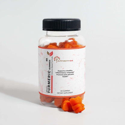 Turmeric Gummies bottle with two gummies in front