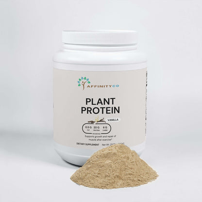 Vanilla Plant-Based Protein Powder jar with powder in front