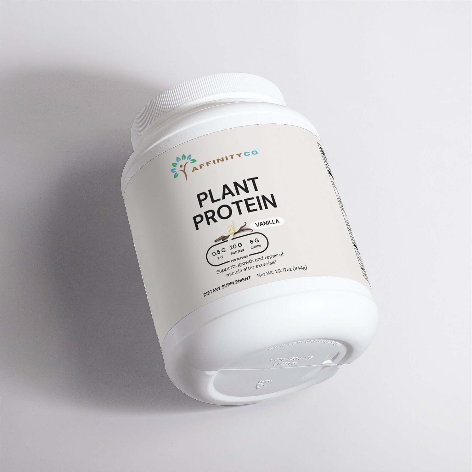 Vanilla Plant-Based Protein Powder jar on its side