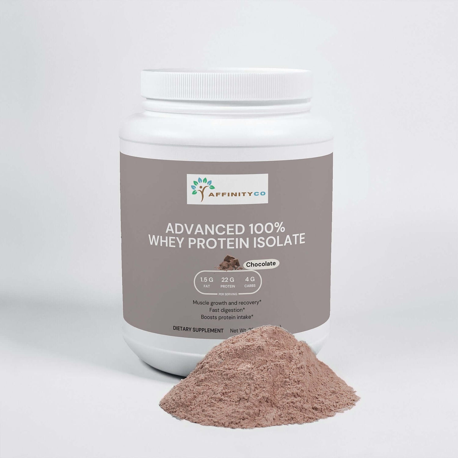 Whey Protein Isolate Chocolate jar with pile of powder in front