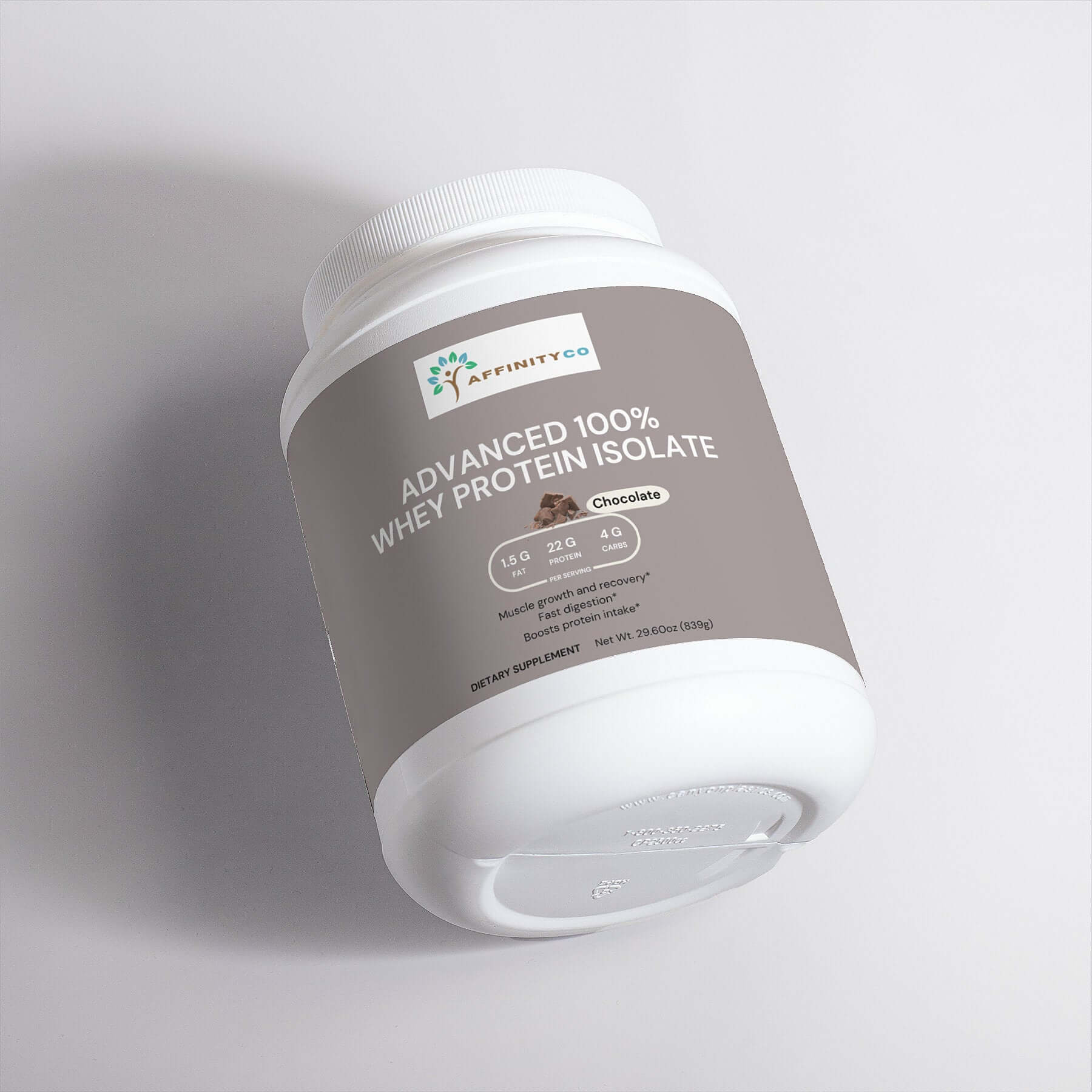 Whey Protein Isolate Chocolate jar on its side